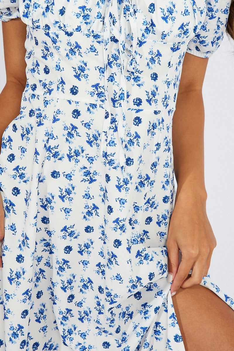 Blue Floral Ruched Bust Midi Dress Short Sleeve