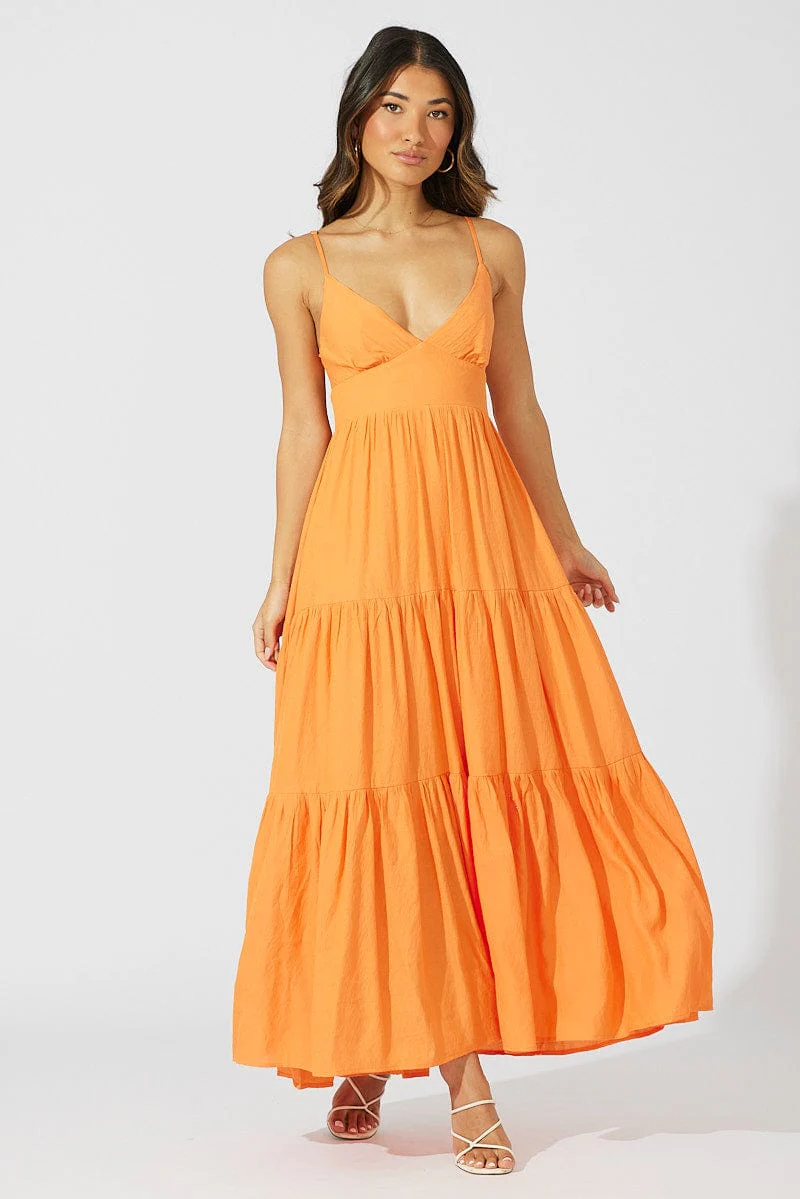 Orange Maxi Dress Tiered Sleeveless