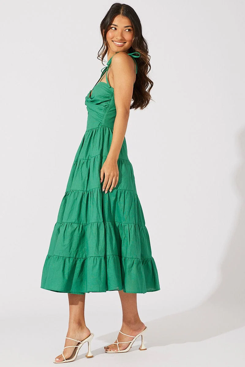 Green Midi Dress Sleeveless Tiered Twist Front