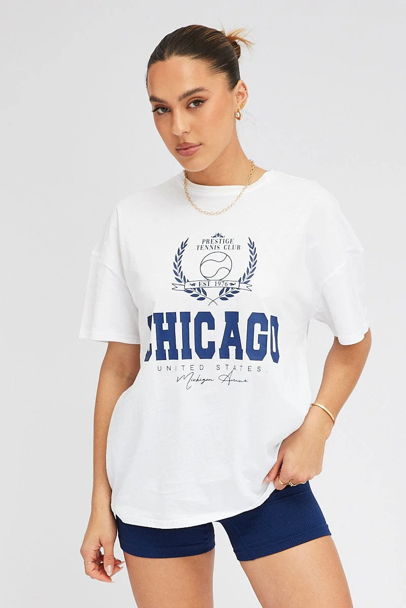White Graphic tee Chicago Tennis Slogan Oversize t-shirt
