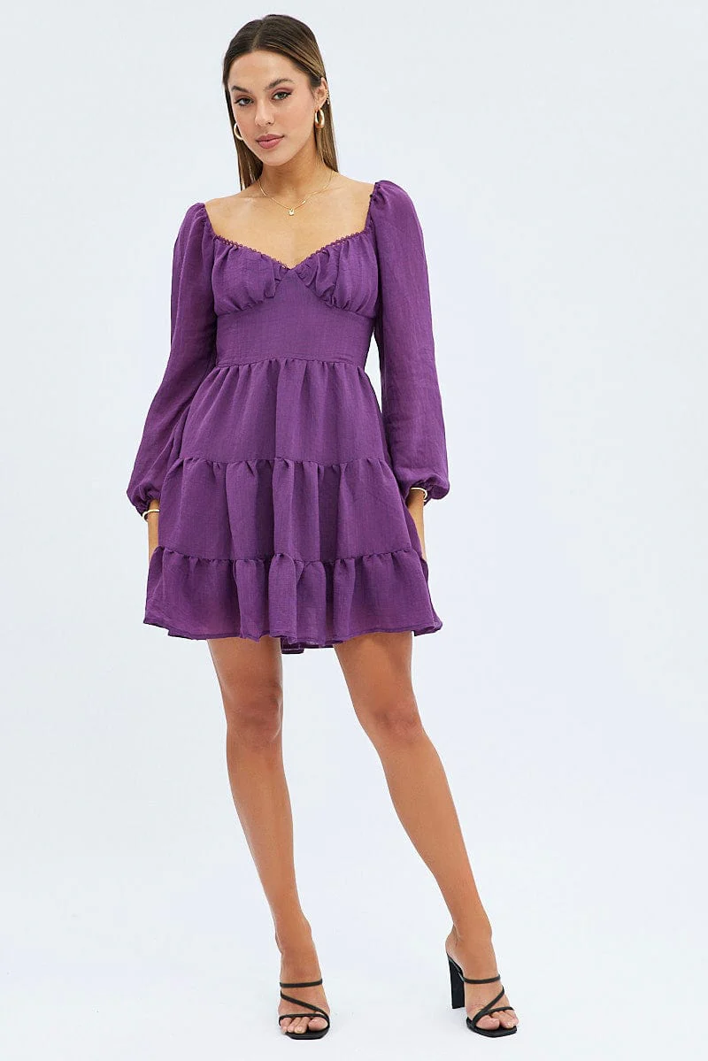 Purple Fit and Flare Dress Long Sleeve Tiered