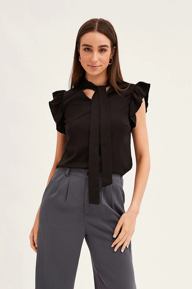 Black Tie Front Ruffle Sleeve Top