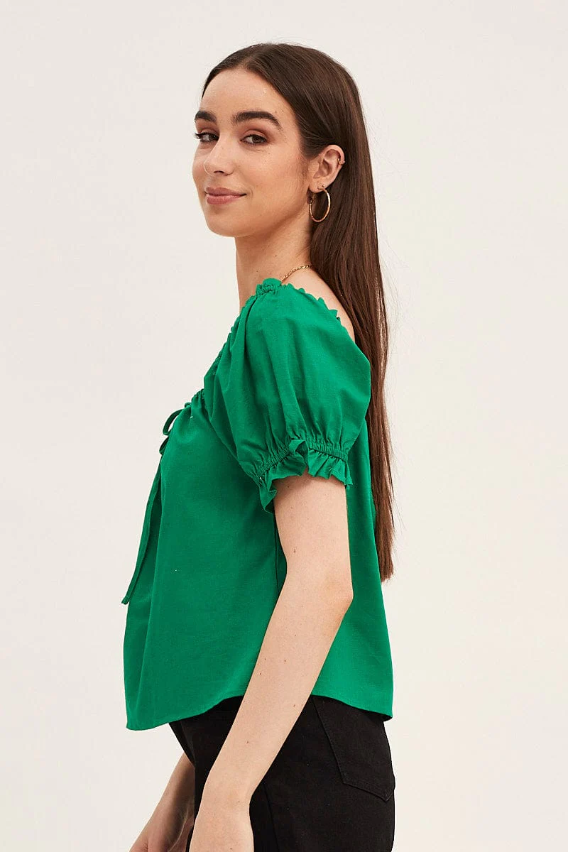 Green Cotton Linen Puff Short Sleeve Longline Top