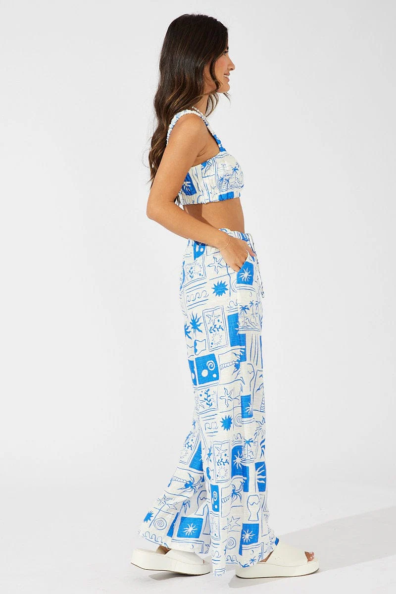 Blue Abstract Wide Leg Pants High Rise