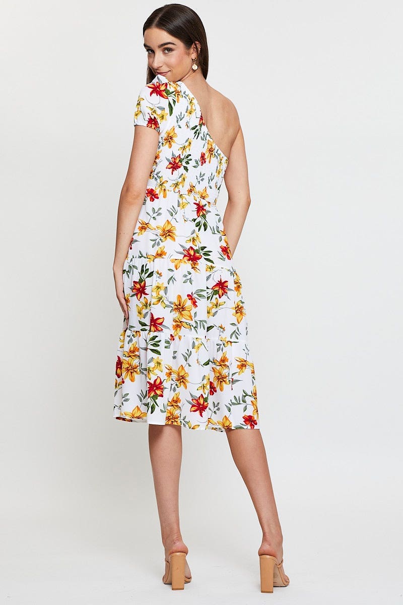 Black Print Midi Dress One Shoulder Short Sleeve