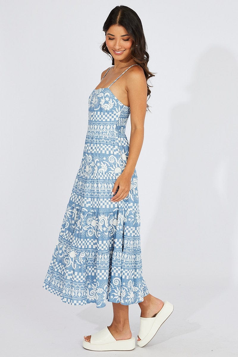Blue Abstract Maxi Dress Tiered Strappy