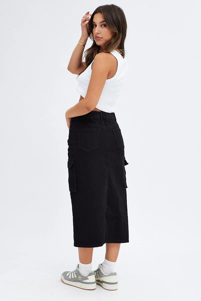 Black Denim Skirt Cargo Midi