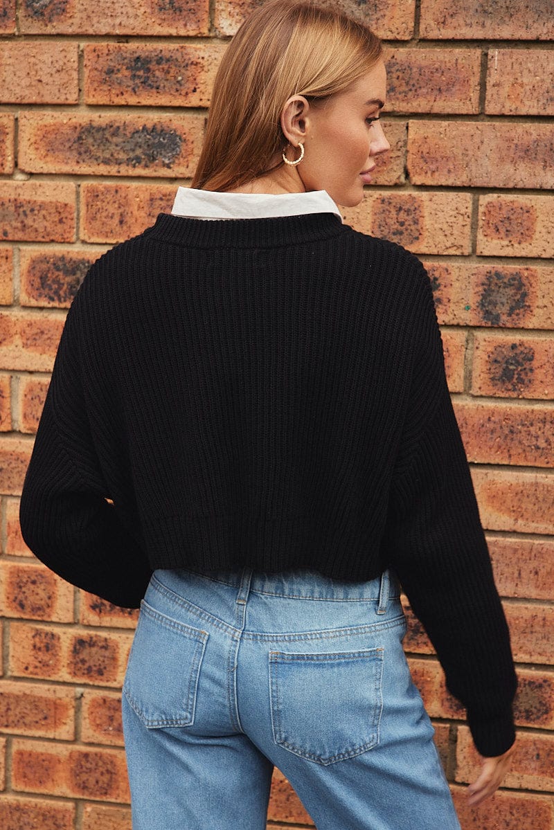 Black Knit Jumper Round Neck Long Sleeve Crop Cotton