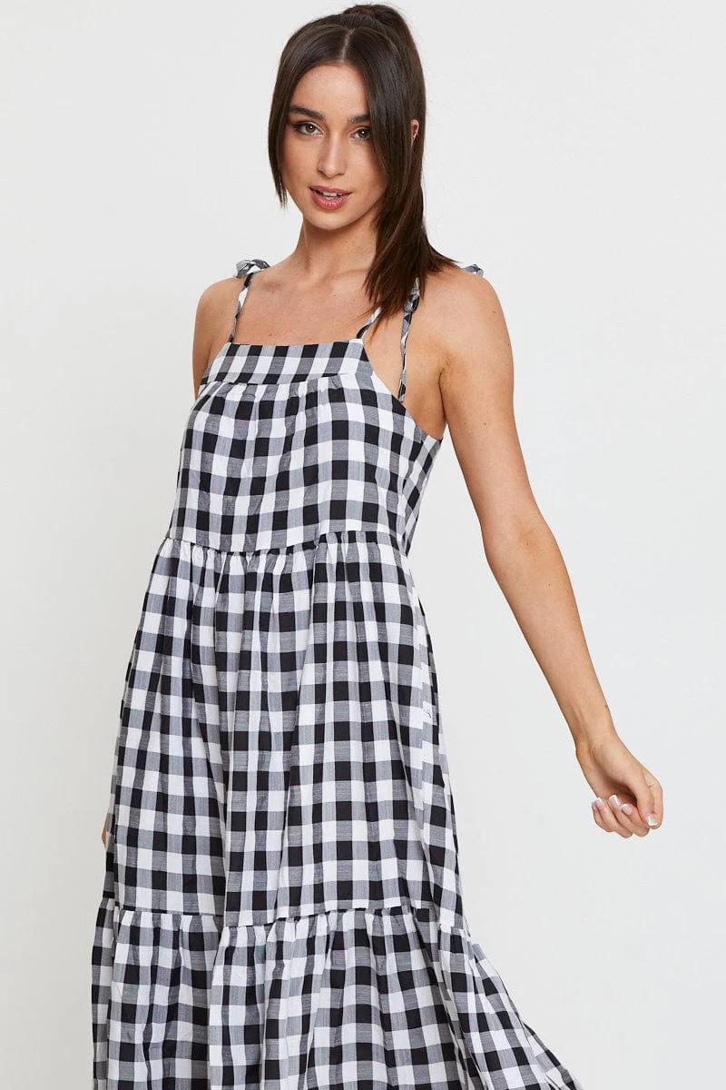 Check Midi Dress Sleeveless Tie Shoulder