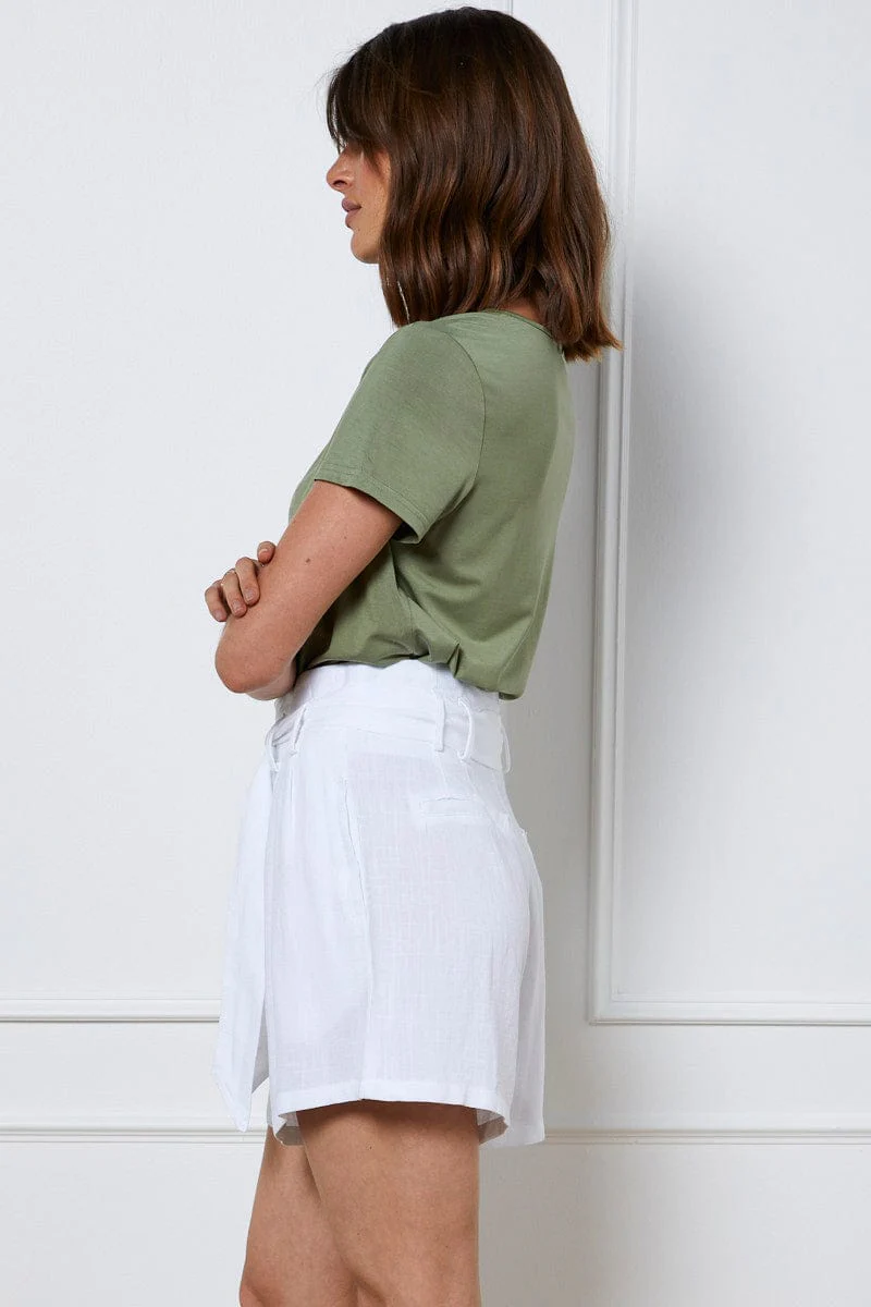 White Belted Shorts High Waist Linen