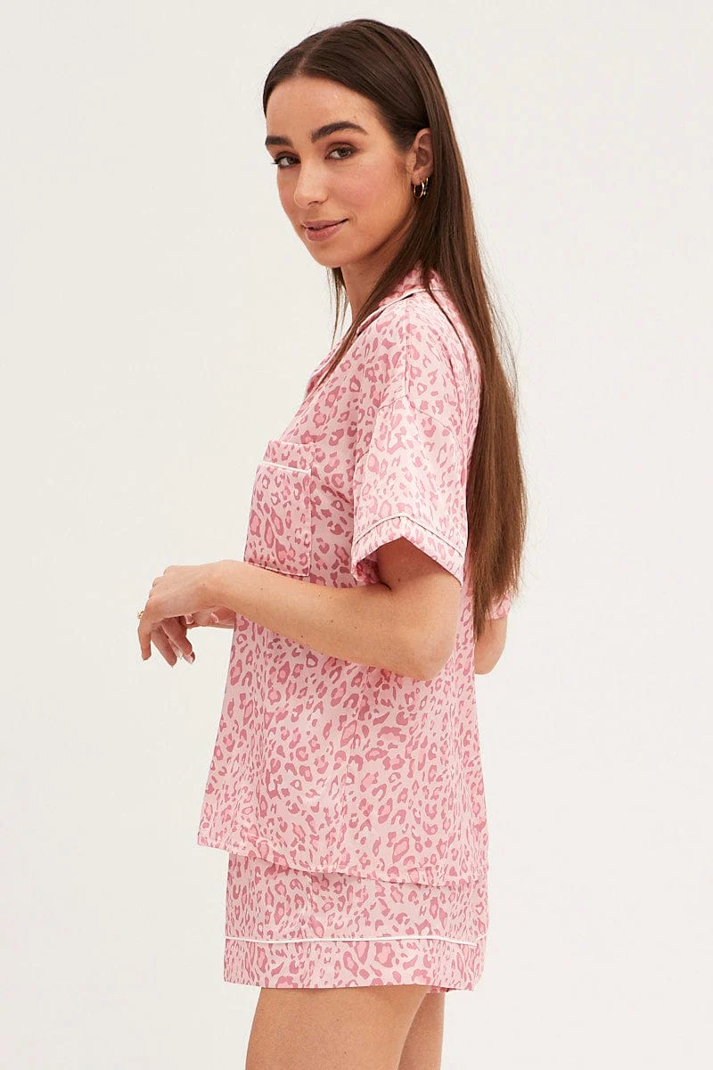 Pink Animal Print Pyjamas Set Short Sleeve Collared Shorts Satin