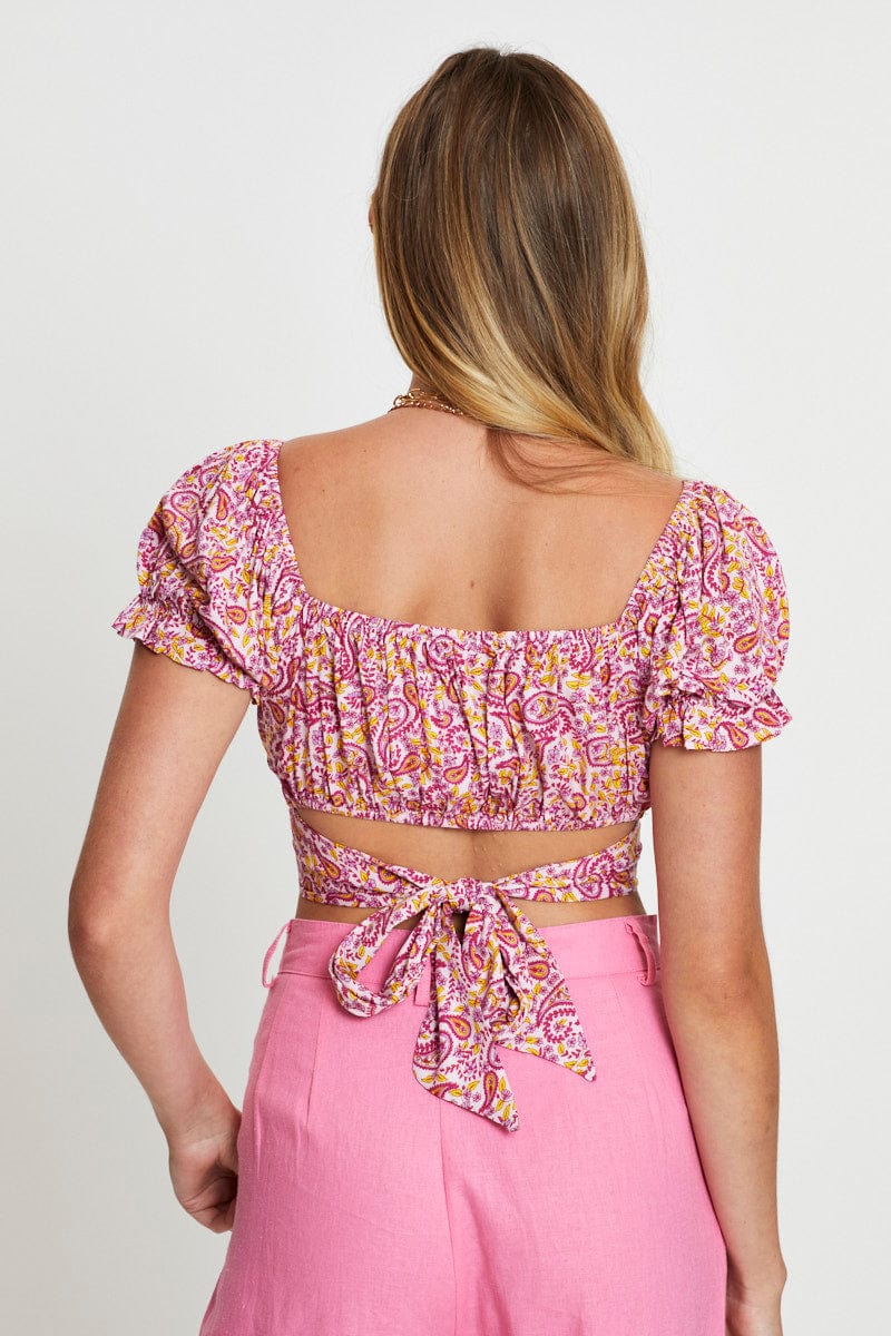 Print Puff Sleeve Top Short Sleeve Crop
