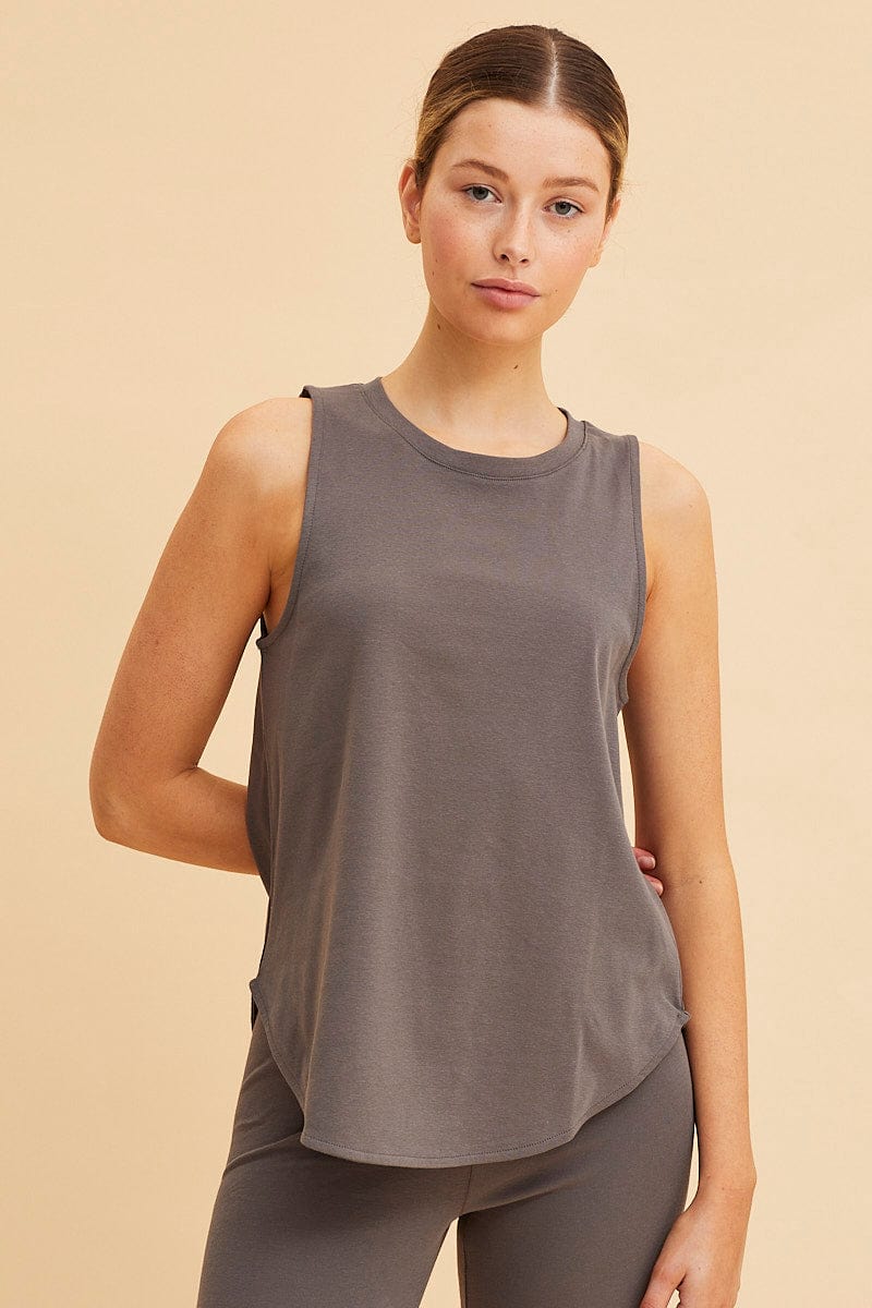 Grey Sleeveless Tank Cotton Crew Neck Curved Hem