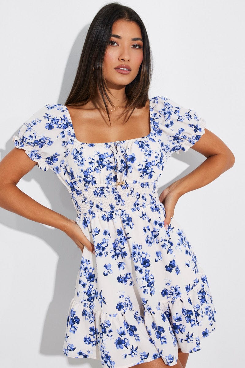 White Floral Fit And Flare Dress Puff Sleeve Mini