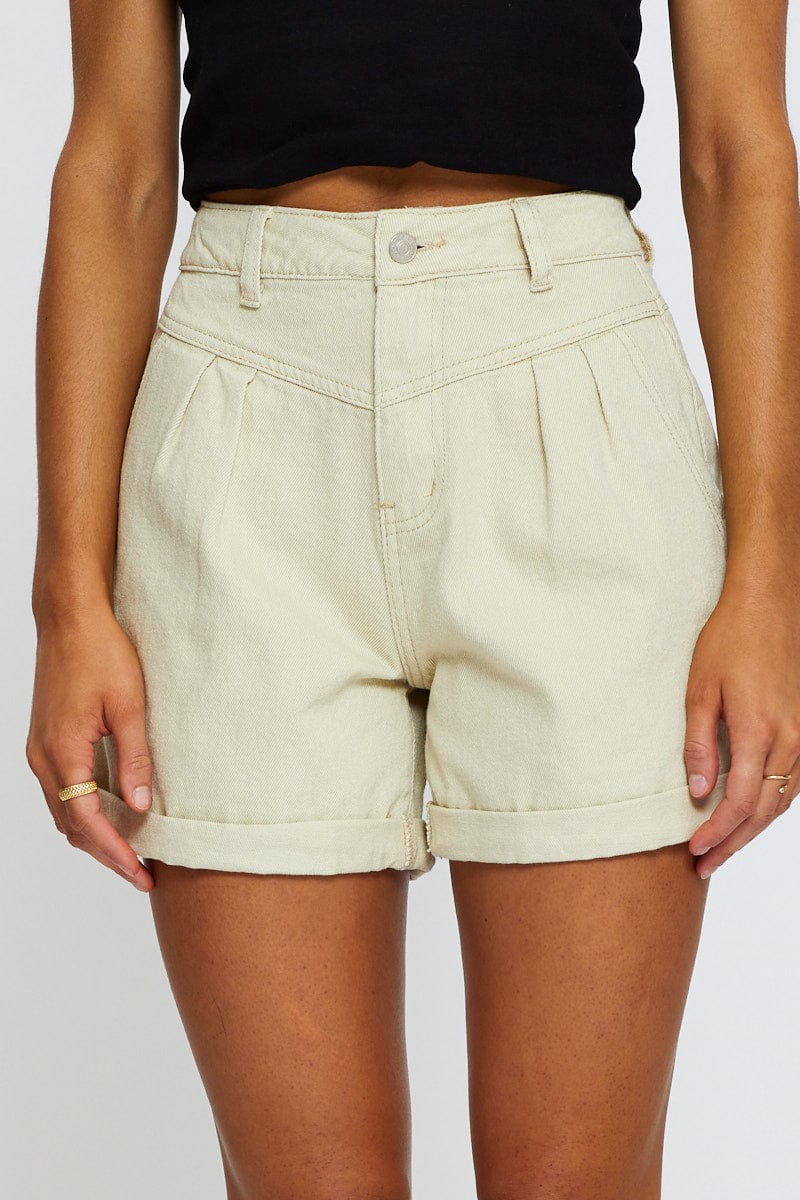Beige Relaxed Denim Shorts High Rise
