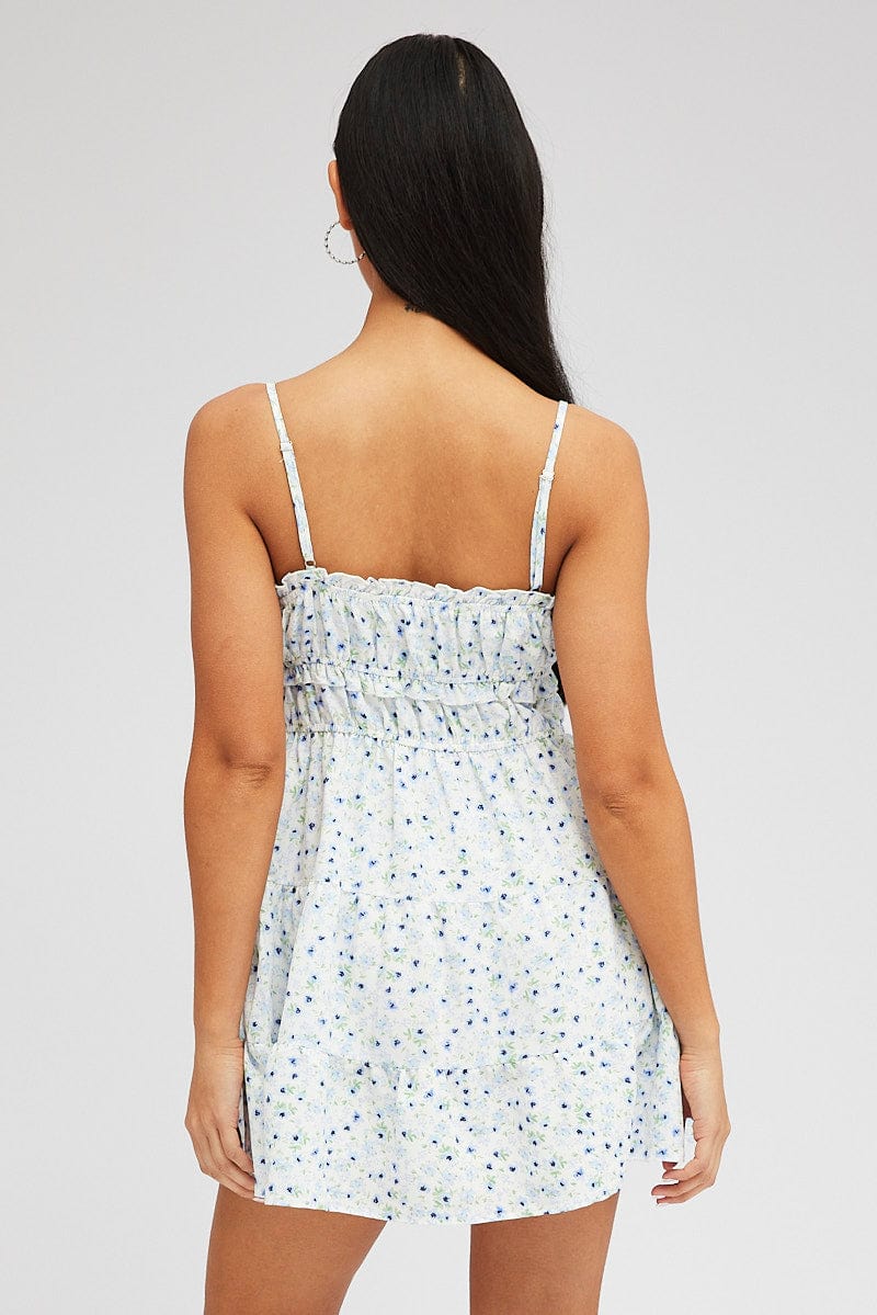 White Ditsy Fit and Flare Dress Sleeveless Tiered