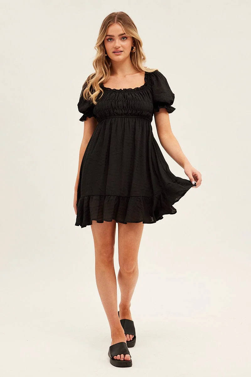 Black Gathered Bust Skater Dress