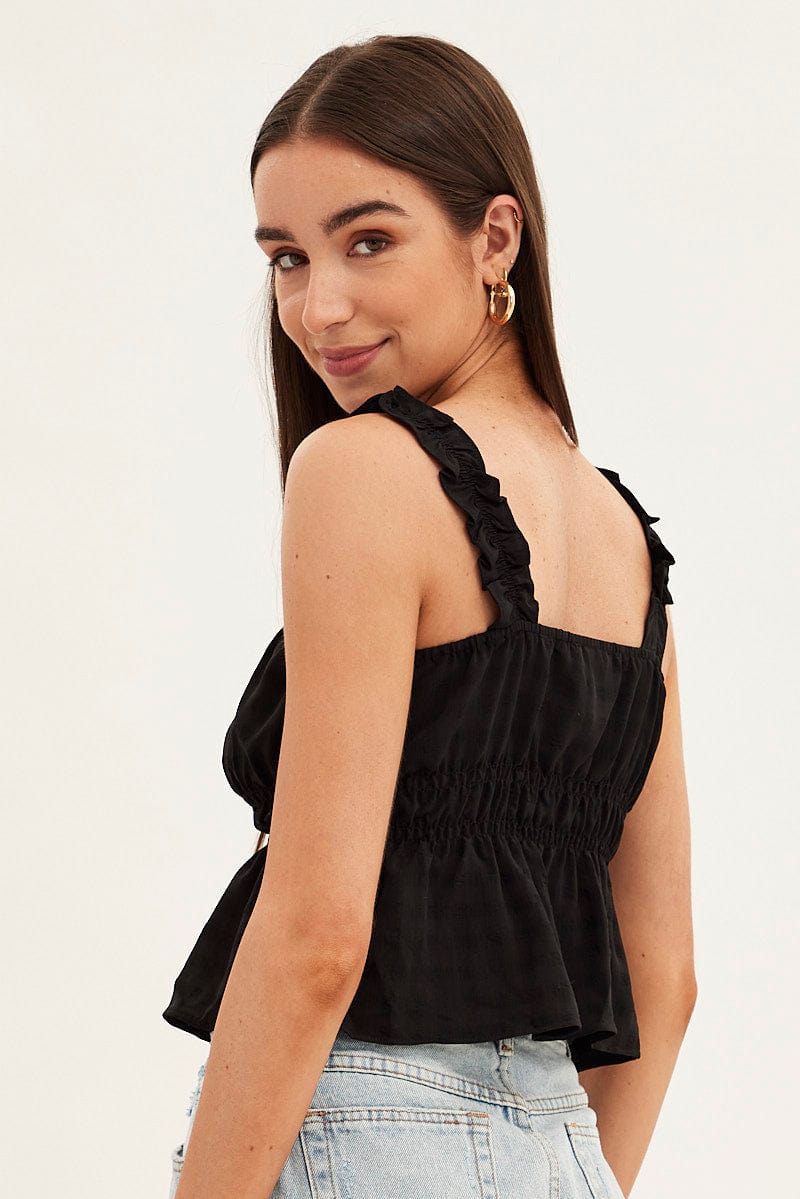 Black Ruffle Top Self Check Strap Gathered Waist Crop