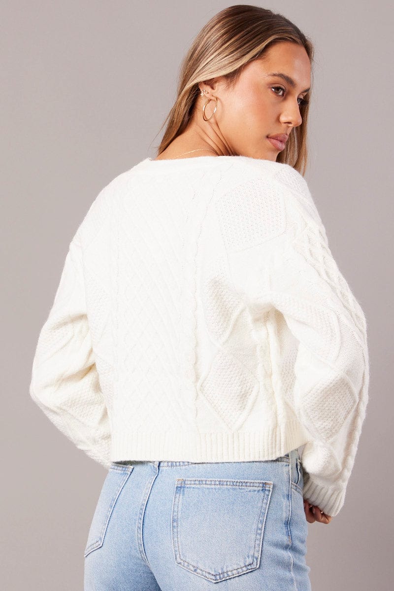 White Cable Knit Cardigan Long Sleeve V Neck