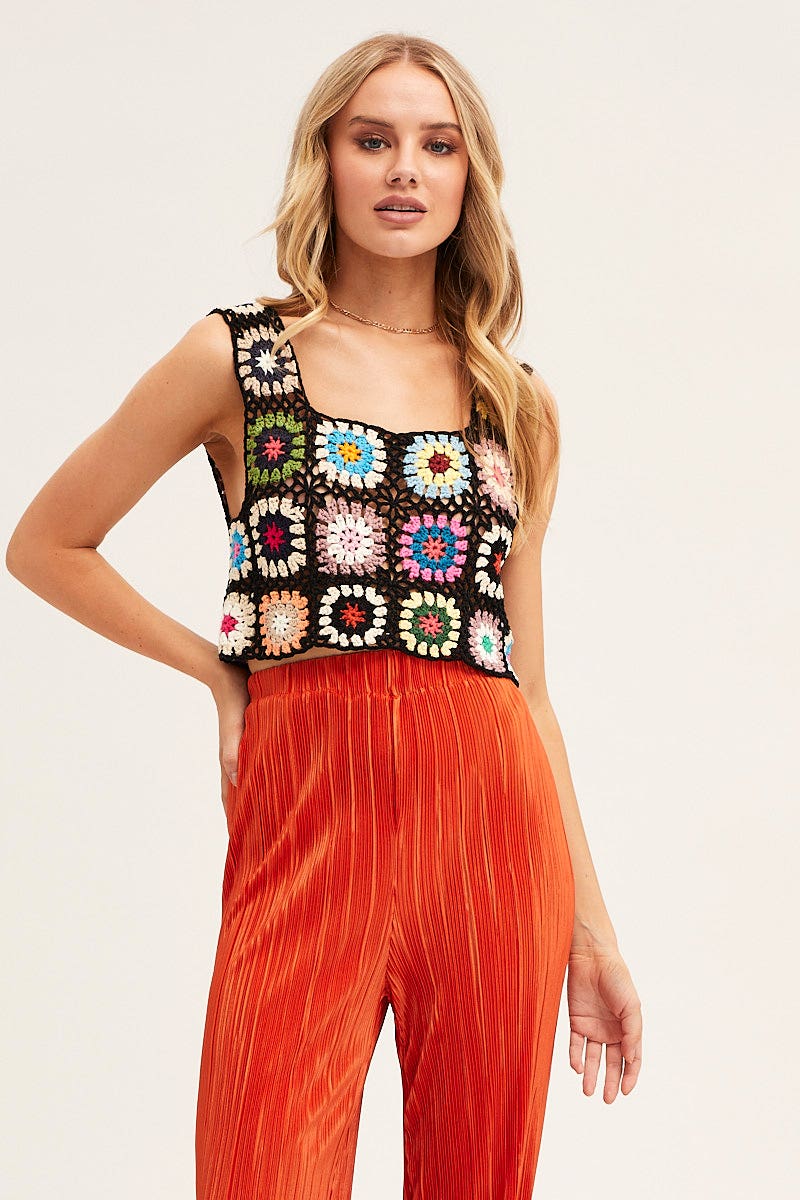 Multi Crochet Top Crop Square Neck