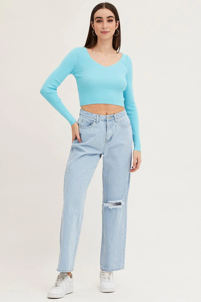 Blue Knit Top Long Sleeve Crop V-Neck