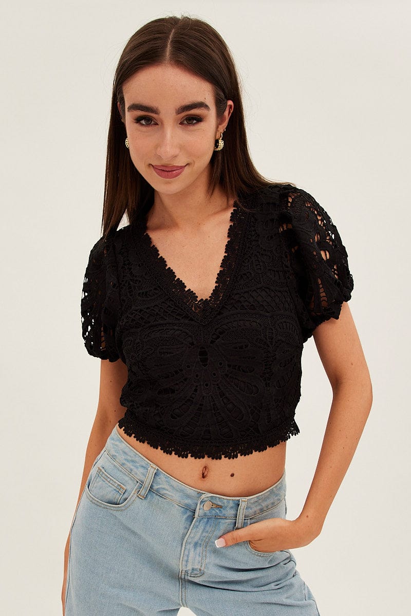 Black Lace Top Short Sleeve V Neck Crop