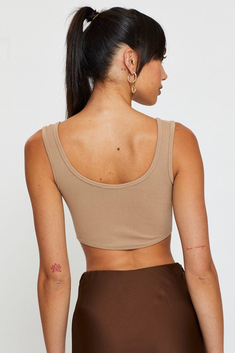 Brown Crop Tank Top Sleeveless Round Neck Seamless