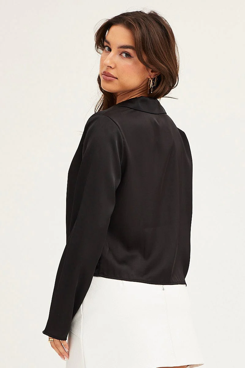 Black Satin Long Sleeve Collared Chain-Link Front Jacket