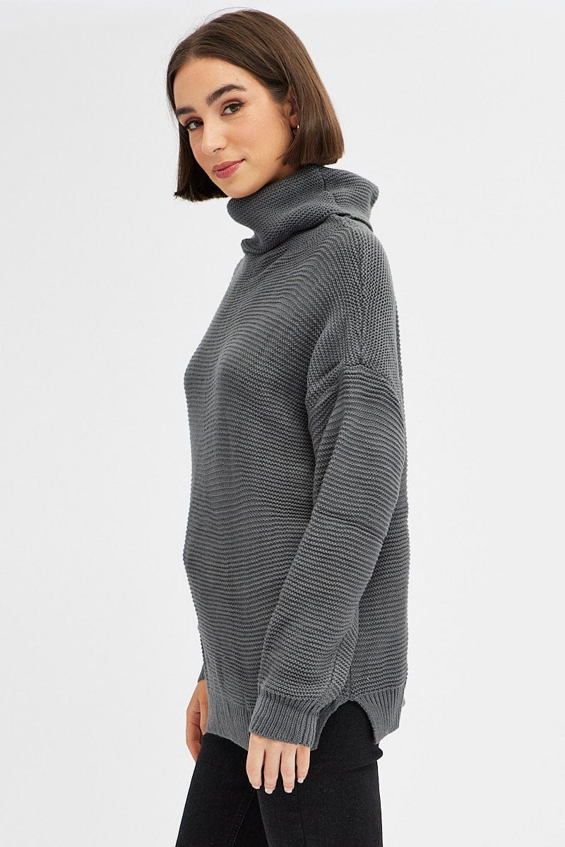 Grey Knit Top Long Sleeve Relaxed Turtleneck
