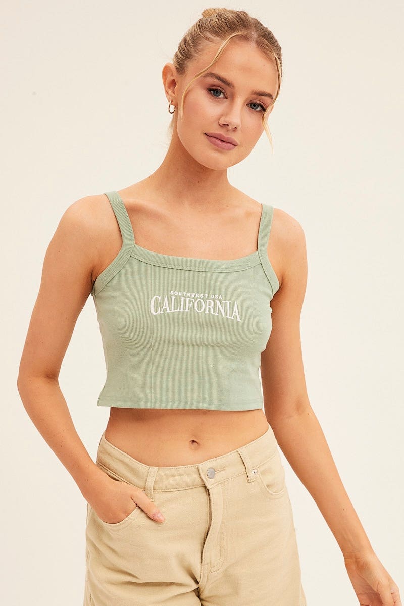 Green Crop Singlet Sleeveless Rib Embroidered