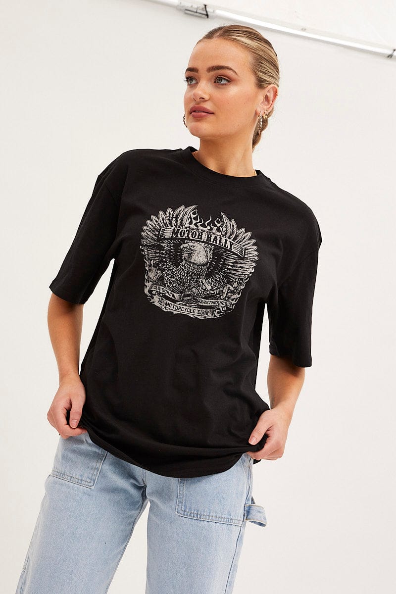 Black Graphic T-Shirt Crew Neck Short Sleeve