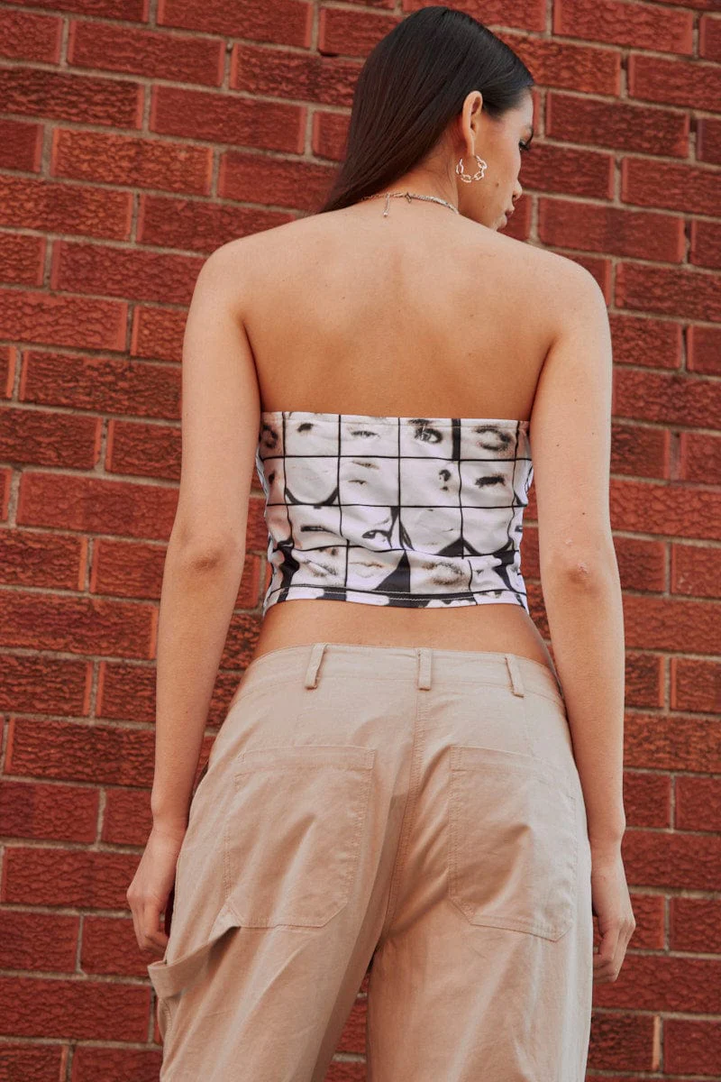 White Abstract Graphic Boob Tube