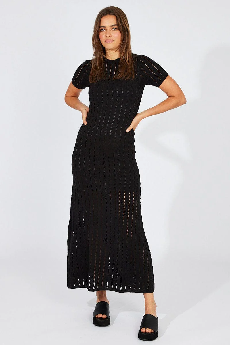 Black Knit Maxi Dress Crochet Short Sleeve