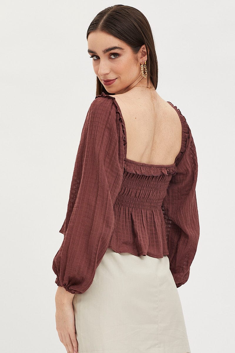 Brown Peplum Top Long Sleeve Semi Crop