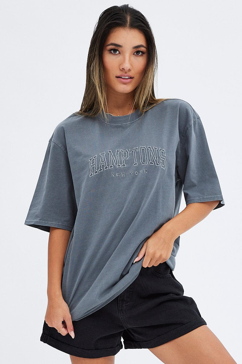 Grey Graphic Tee Short Sleeve Round Neck Print