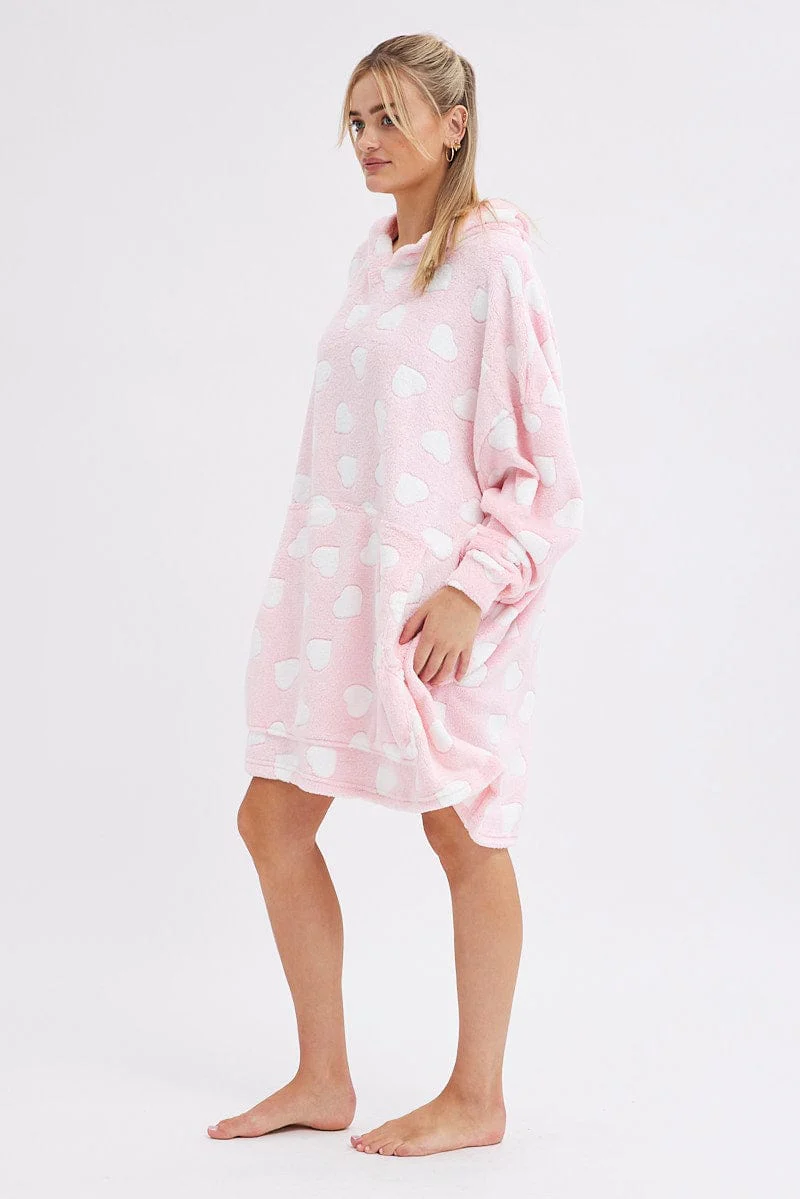 Pink Heart Print Cosy Blanket Hoodie PJ