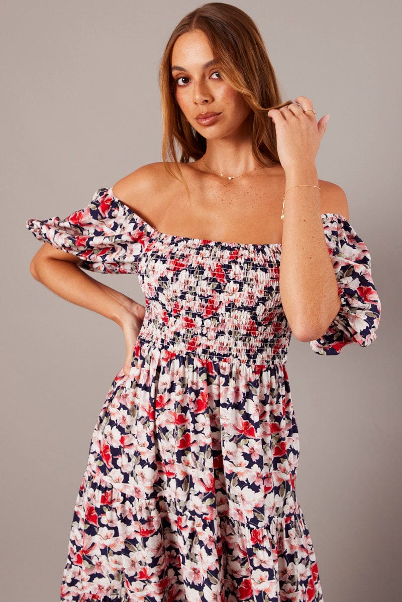 Blue Floral Midi Dress Puff Sleeve Shirred Bust