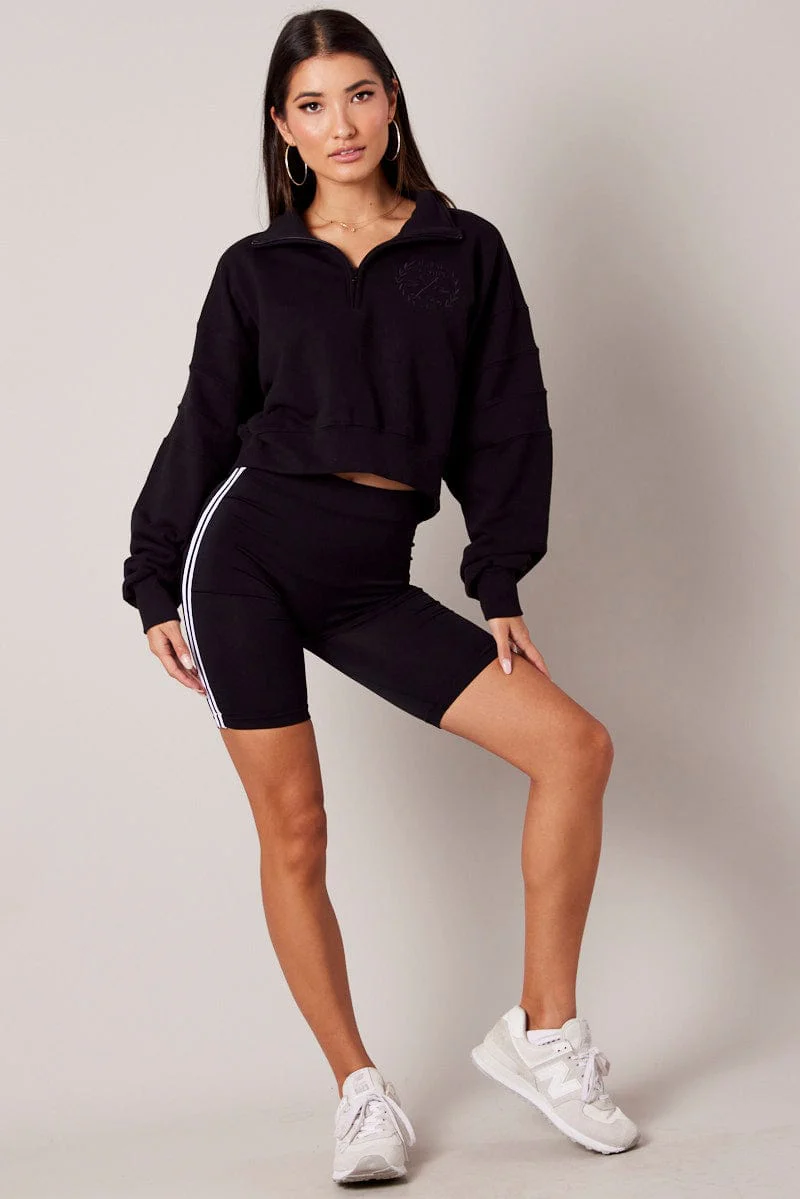 Black Zip Up Sweater Crop Long Sleeve High Neck