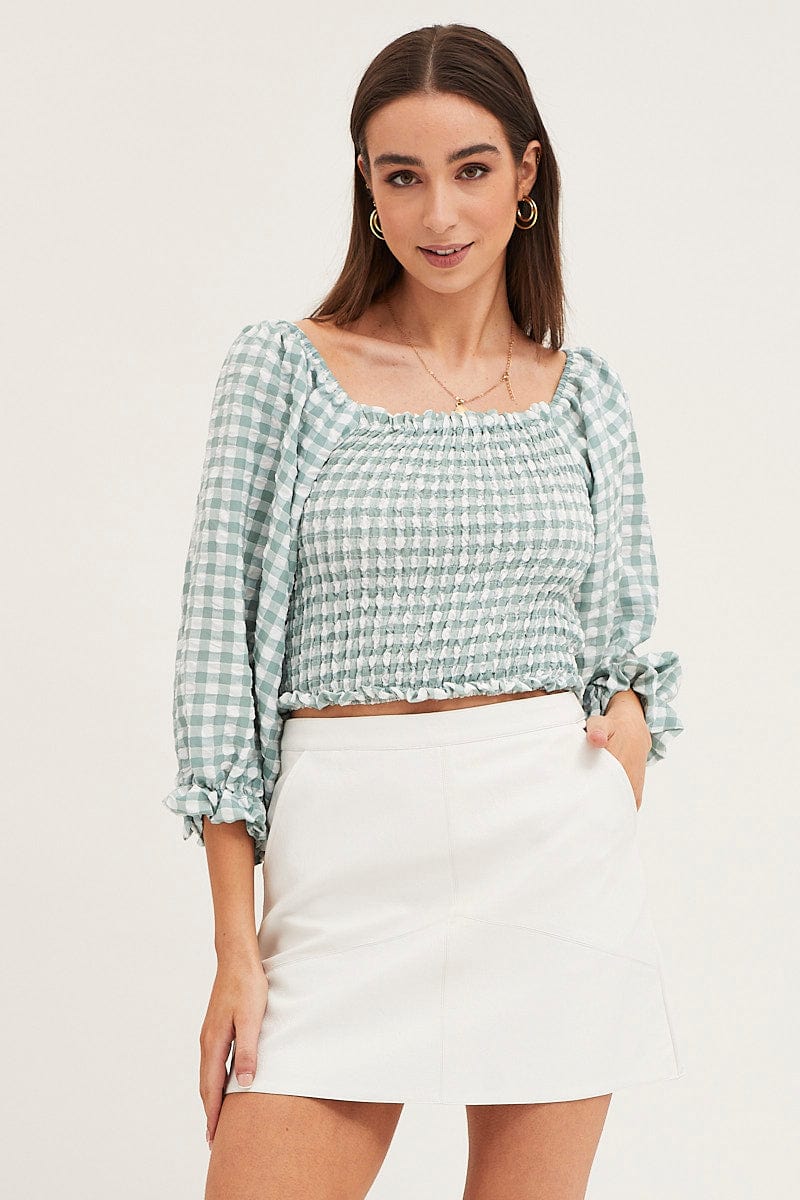 Check Shirred Top Three-Quarter Crop
