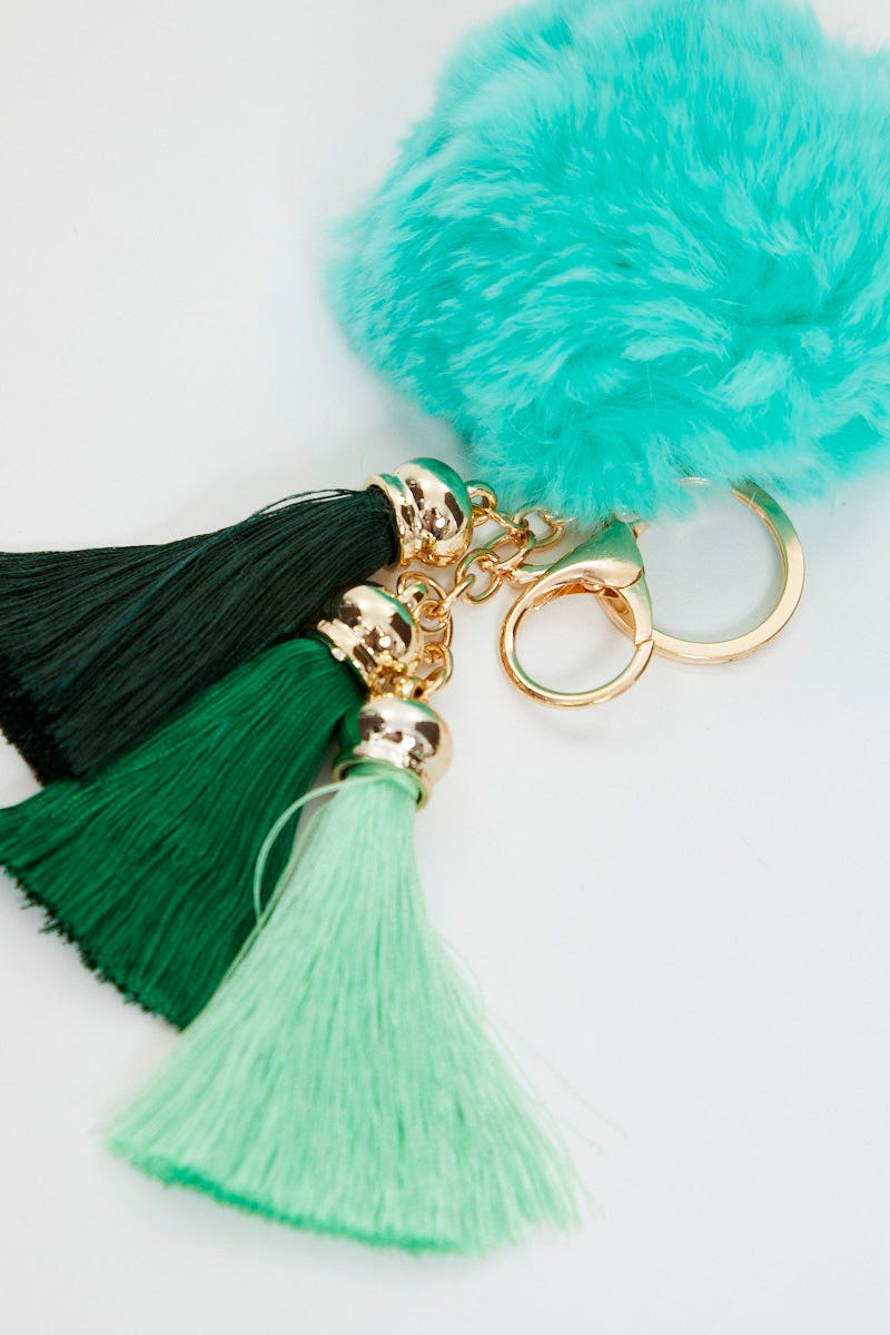 Green Faux Fur With Tassel Key Ring