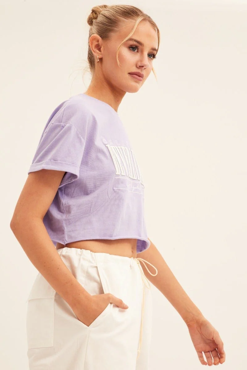 Purple Graphic T Shirt Short Sleeve Round Neck Crop