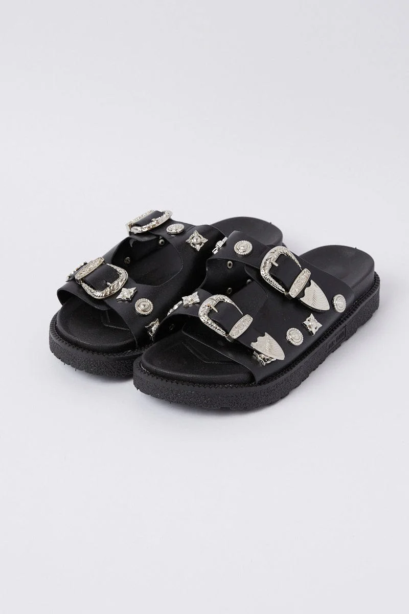 Black Buckle Studded Western Footbed Sandal