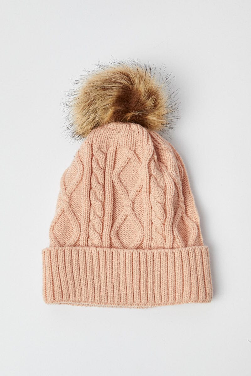 Pink Faux Fur Pom Pom Beanie