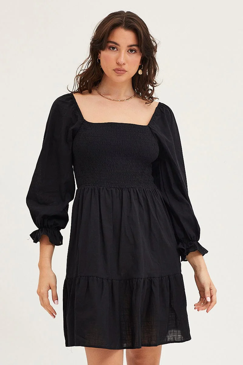 Black Skater Dress Puff Sleeve Mini