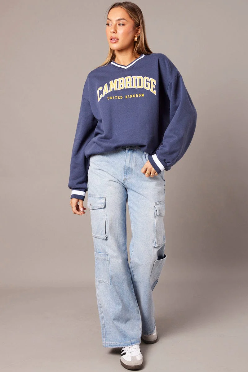 Blue Graphic Sweater Long Sleeve