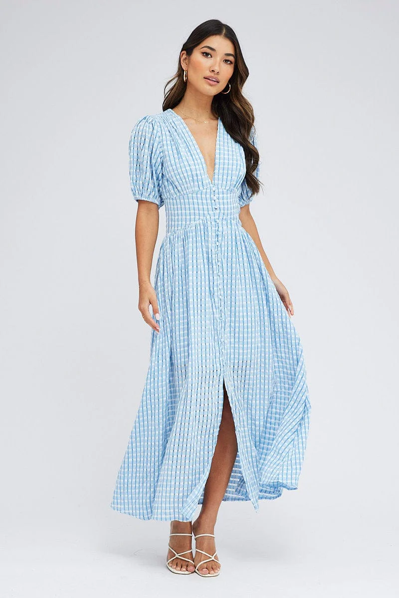 Blue Check Midi Dress Puff Sleeve