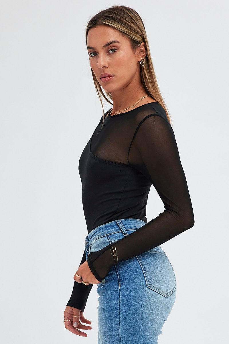 Black Bodysuit Round Neck Long Sleeve