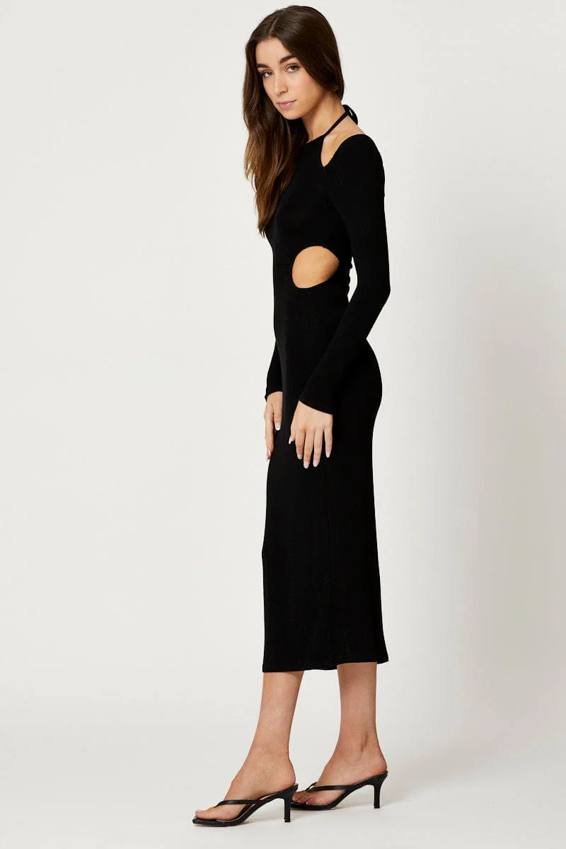 Black Racer Neck Halter Midi Dress