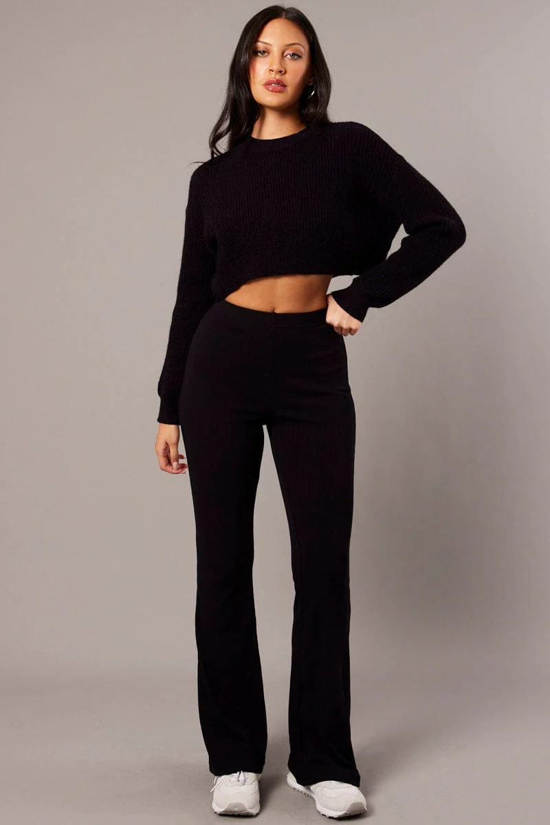 Black Flare Leg Pants Rib