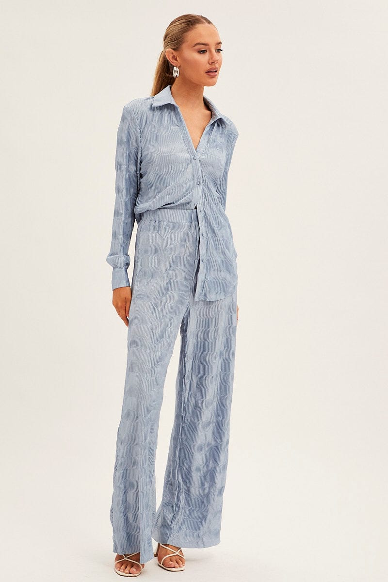 Blue Plisse Pants Wide Leg